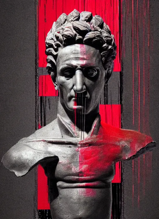 Image similar to elegant dark design poster showing a statue of julius caesar, black background with very subtle red and purple design elements, powerful, nekro, vito acconci, thin straight lines, dark, glitch art, neo vaporwave, gritty, layout frame, square, extremly detailed, trending on artstation