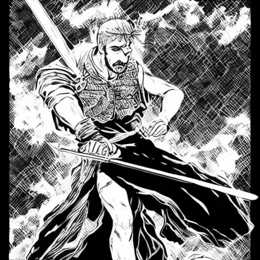 Prompt: black and white pen and ink!!!! rugged royal! golden dawn goetic Frank Zappa x Ryan Gosling golden!!!! Vagabond!!!! floating magic swordsman!!!! glides through a beautiful!!!!!!! battlefield dramatic esoteric!!!!!! pen and ink!!!!! illustrated in high detail!!!!!!!! by Junji Ito and Hiroya Oku!!!!!!!!! graphic novel published on 2049 award winning!!!! full body portrait!!!!! action exposition manga panel black and white Shonen Jump issue by David Lynch and Frank Miller beautiful line art Hirohiko Araki-s 150