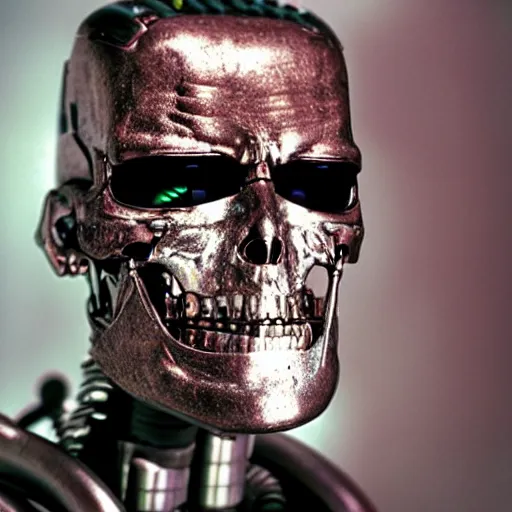 Prompt: a terminator t - 8 0 0 looking at the camera. looks scary.
