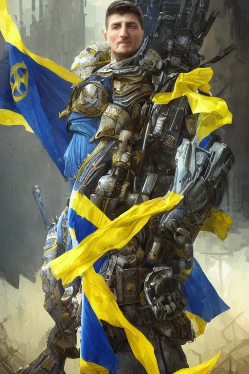 Image similar to shot of Vladimir Zelenskiy as a super soldier with Ukrainian blue and yellow flag on his back, handsome, fantasy, intricate, pile of skulls under his feet, elegant, highly detailed, digital painting, artstation, concept art, smooth, sharp focus, illustration, art by artgerm and greg rutkowski and alphonse mucha