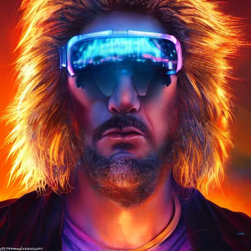 Image similar to cyberpunk, closeup portrait of a shaggy cyberpunk entertainer, blond hair, holograms, dramatic light, city background, sunset, dystopian setting, high contrast, sharp, neuromancer, henry dorsett case, painted by stanley lau, painted by greg rutkowski, painted by stanley artgerm, digital art, trending on artstation