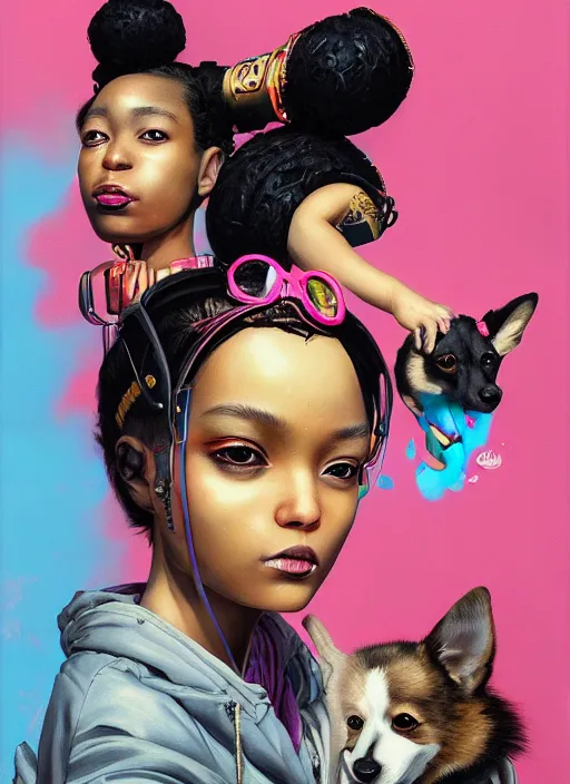 Prompt: beautiful portrait painting of a cute Black lofi cyberpunk princess and her corgi assassin king, by Afarin Sajedi, Alessandro Barbucci, Alex Gross, Shin Jeongho, Shohei Otomo. trending on Artstation, 8k, masterpiece, face enhance, graffiti paint, fine detail, full of color, intricate detail, golden ratio illustration