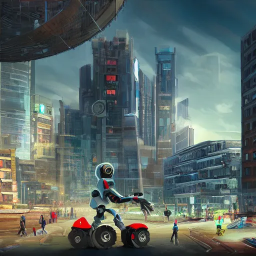Prompt: Construction robot in utopian city, digital art, detailed, realistic, artstation, daylight