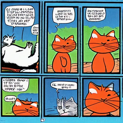 Image similar to heathcliff the cat shooting garfield the cat in the style of a comic strip, george gately, peter gallagher, jim davis