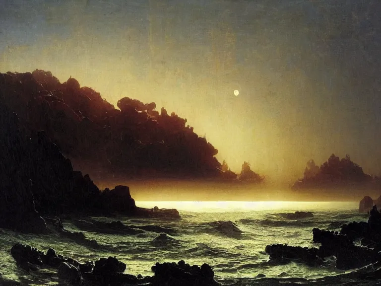 Prompt: an oil painting of an alien planet and the coastline of a black ocean at dawn, beautiful sky by beksinski carl spitzweg and tuomas korpi. baroque elements, full-length view. baroque element. intricate artwork by caravaggio. Trending on artstation. 8k