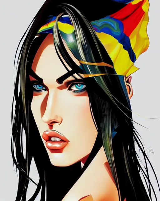 Image similar to portrait of megan fox, beautiful, elegant colorful, inspired by steel ball run manga, artstation trending, deviantart, highly detailed, focus, smooth, illustrated by hirohiko araki