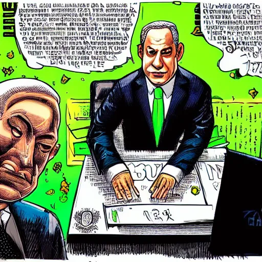 Image similar to A portrait of Benjamin Netanyahu as a green villain sitting in his office, money-themed, by Jim Lee, comic illustration, detailed