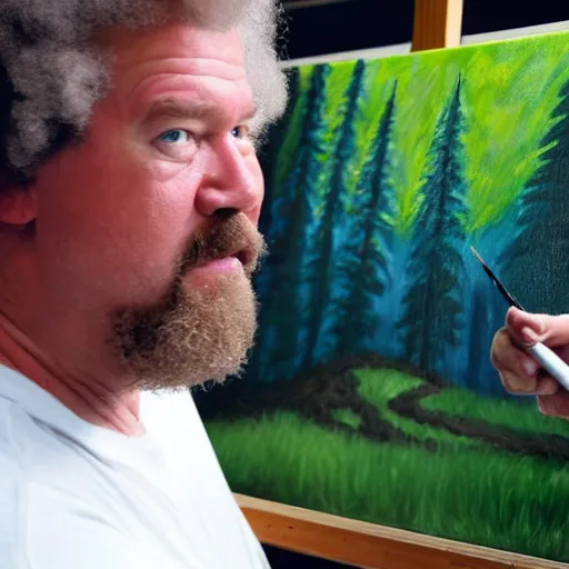 Image similar to a closeup photorealistic photograph of bob ross crafting an image of kenny powers autographing a baseball, painting on a canvas. mountains and trees. film still. brightly lit scene. this 4 k hd image is trending on artstation, featured on behance, well - rendered, extra crisp, features intricate detail, epic composition and the style of unreal engine.