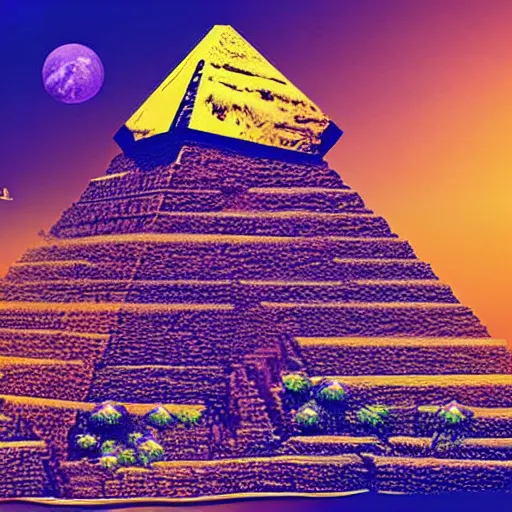 Image similar to ancient pyramids with gardens and waterfalls,digital art,retrowave art,trending on art station