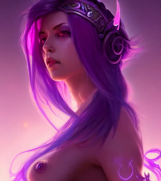 Image similar to stunningly beautiful female neon and purple hair, fantasy art, fae priestess, world of warcraft video game, goddess sharp focus, digital, painting, 8 k, concept art, art by wlop, artgerm, greg rutkowski and alphonse mucha