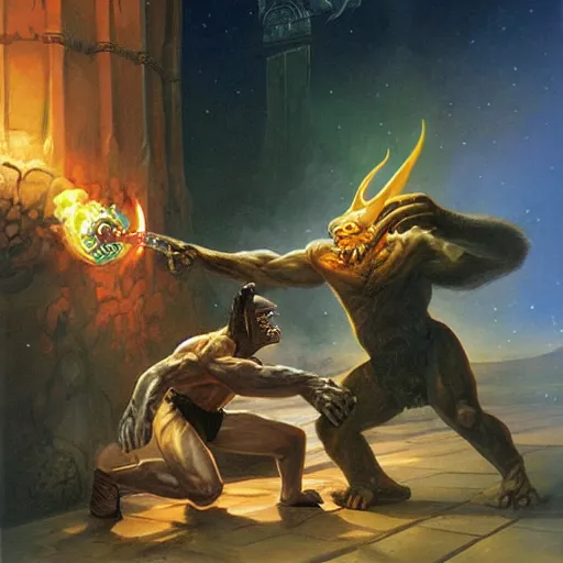 Prompt: pepe and ape in melee combat with Sauron on steps of Barad Dur, painting by Boris Vallejo