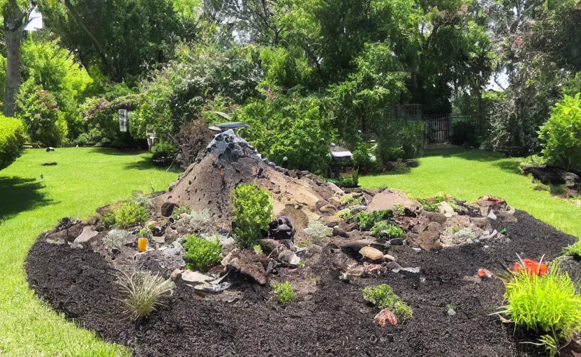 Image similar to suburban yard with miniature volcano erupting in the yard, ground level