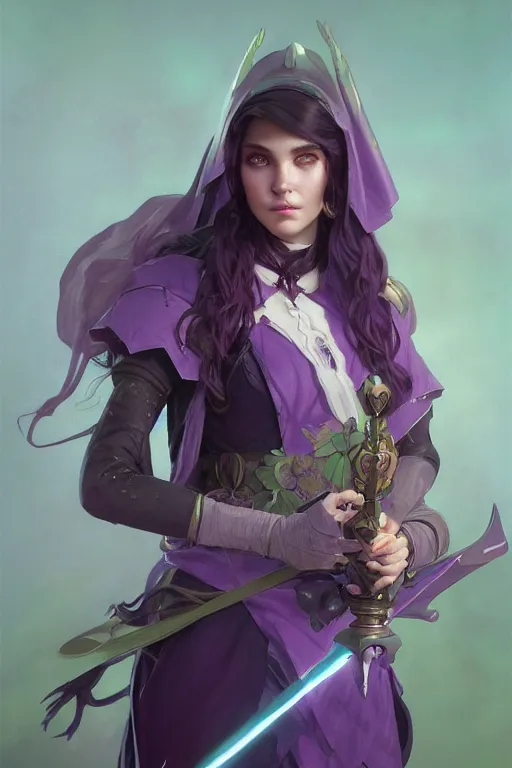 Image similar to portrait of a cute warlock girl with a staff in warlock armor, purple and green, by tom bagshaw and alphonse mucha and atey ghailan and artgerm and and greg rutkowski, hyper realistic, octane render, trending on artstation