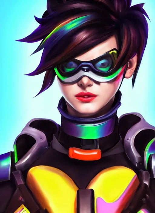 Image similar to overwatch style oil painting portrait of tracer overwatch, confident pose, wearing black iridescent rainbow latex, rainbow, neon, 4 k, expressive surprised expression, makeup, wearing black choker, wearing sleek armor, studio lighting, black leather harness, expressive detailed face and eyes,