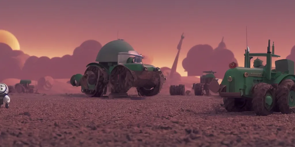 Image similar to cute cartoon little tractor dragging the russian tank, still from film 2 0 0 1 a space odyssey, wes anderson, cinematic, goro fujita, chiho aoshima, beeple, trending on artstation, highly detailed, scene from a movie, soft lighting, 8 k