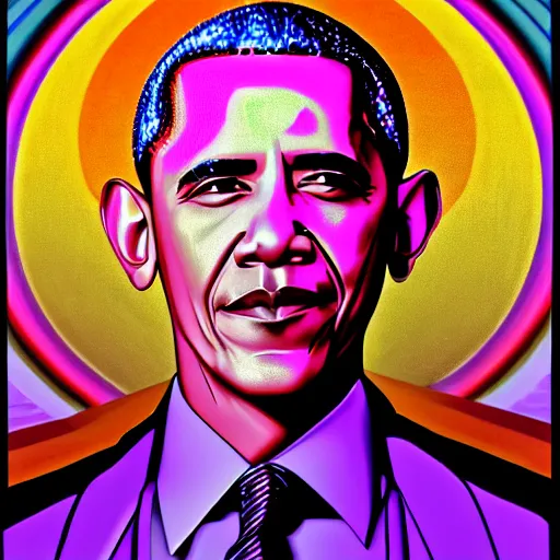 Image similar to barack obama by alex grey pink purple orange color palette very detailed clear focus