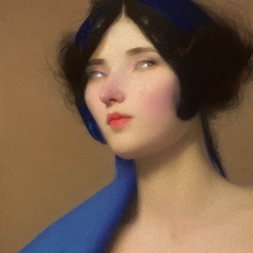 Image similar to a young woman's face, her hair is white and she wears a cobalt blue satin cloak, by ivan aivazovsky and syd mead and moebius and gaston bussiere and roger dean and pieter claesz and paul delaroche and alma tadema and aelbert cuyp and willem claesz, hyperrealistic, volumetric light, octane render