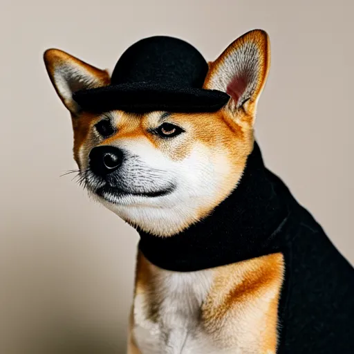 Prompt: photo of a Shiba Inu dog wearing a beret and black turtleneck