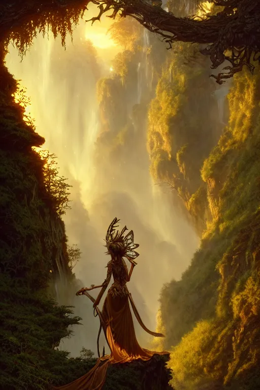 Image similar to detailed intricate digital illustration by greg rutkowski and artgerm and wlop and sanford robinson gifford ; gothic fantasy valley and waterfall faerie fey unseelie in background ; 1 3 mm film, arri alfa anamorphic lens ; sharp focus, golden hour, fireflies ; trending on artstation 8 k closeup