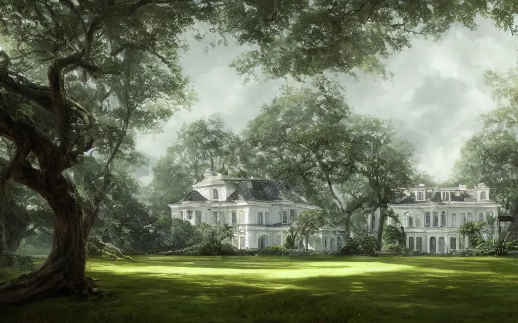 Image similar to a white manor house on a lush southern plantation with a tree-lined driveway, romanticism, hyperdetailed, artstation, cgsociety, 8k, masterpiece, sharp