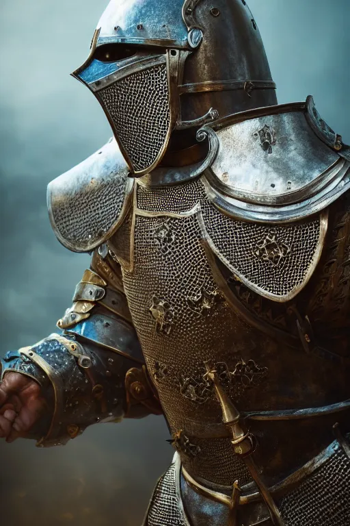 Prompt: a portrait of a medieval knight, historical setting, dynamic pose, close - up, intricate details, intricately detailed clothing, intricate textures, warm lighting, vivid colors, smoke and mist, realistic octane render, hyper realistic render, volumetric shading, depth of field, raytracing, 8 k,