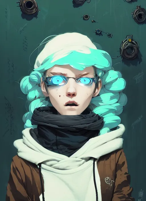 Image similar to highly detailed portrait of a sewer punk lady student, blue eyes, hoodie, cloudy curly white hair by atey ghailan, by greg rutkowski, by greg tocchini, by james gilleard, by joe fenton, by kaethe butcher, gradient green, black, brown and cyan color scheme, grunge aesthetic!!! ( ( graffiti tag wall background ) )