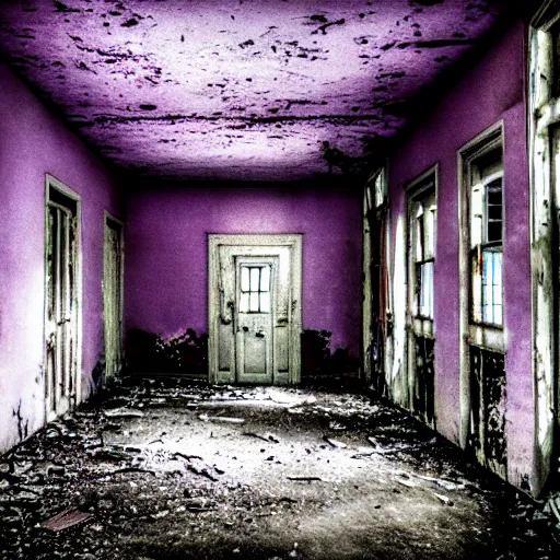 Image similar to unnerving and dark photograph of the inside of an abandoned insane asylum in an alternate horrific purple dimension