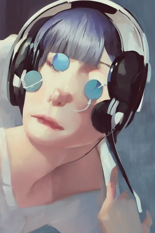 Image similar to a cute young woman listening to music in a white bubble chair with her eyes closed and wearing headphones, white bob cut hair, freckles, cozy setting, blue and white, warm lighting, cinematic, moody, nier automata, poster, oil on canvas, in the style of Ilya Kuvshinov, Krenz Cushart, Range Murata, Eero Aarnio, 8k