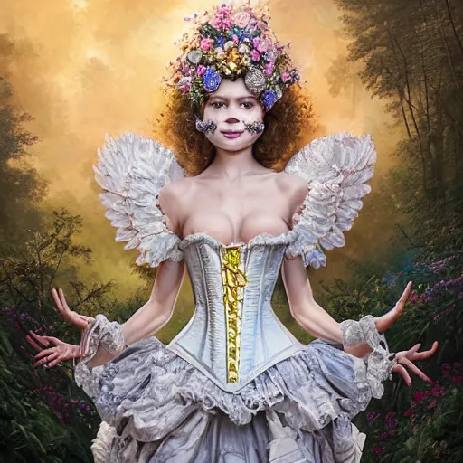 Image similar to A masterpiece ultrarealistic ultradetailed portrait of a Incredibly beautiful angel armored princess knight IN INCREDIBLE FEARFUL sharp poisoned GAS MASK WITH FLOWERS and swarovski crystals. baroque renaissance. in the forest. White amazing corset. medium shot, intricate, elegant, highly detailed. trending on artstation, digital art, by Stanley Artgerm Lau, WLOP, Rossdraws, James Jean, Andrei Riabovitchev, Marc Simonetti, Yoshitaka Amano. background by James Jean and Gustav Klimt, light by Julie Bell, 4k, porcelain skin. BY ZDIZISLAW BEKSINSKI Cinematic concept art