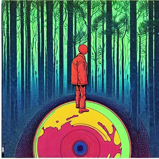 Image similar to ( ( ( ( ( forest on a mysterious planet ) ) ) ) ) by mœbius!!!!!!!!!!!!!!!!!!!!!!!!!!!, overditailed art, colorful, record jacket