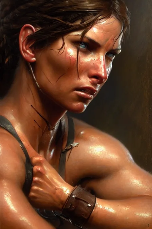 Prompt: muscular sweat lara croft, exhausted face close up, highly detailed painting by gaston bussiere, craig mullins, j. c. leyendecker 8 k