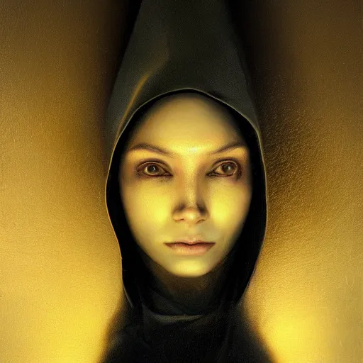 Image similar to a portrait of a young woman wearing a long dark cloak, hood and shadows covering face, holding golden chains, oil painting, matte painting, black background, Volumetric Golden dappled dynamic lighting, Highly Detailed, Cinematic Lighting, Unreal Engine, 8k, HD, by Beksinski