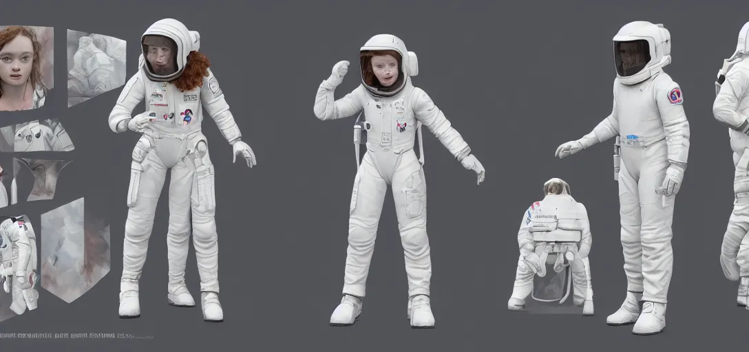 Prompt: character sheet concept art of sadie sink in a modern white spacesuit, realistic, hyperrealistic, photographic, costume, wlop, dan mumford, greg rutkowski, high detail, octane render, alexander mcqueen, james gurney, james jean, mucha, photo, 8 k, intricate