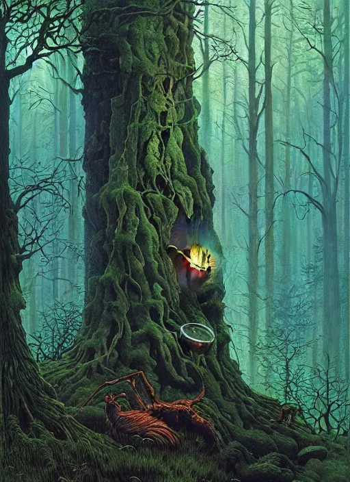 Image similar to hyper realistic witch modem with mood lighting and tech in the woods gorgeous lighting, blue sky, highly detailed, lush forest foliage painting by zdzisław beksinski and norman rockwell and greg rutkowskiweta studio, and lucasfilm