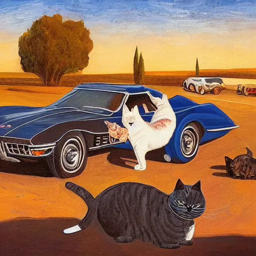 Image similar to corvette with cats sitting in and on the car, old dutch painting, golden hour, shadows, wide shot