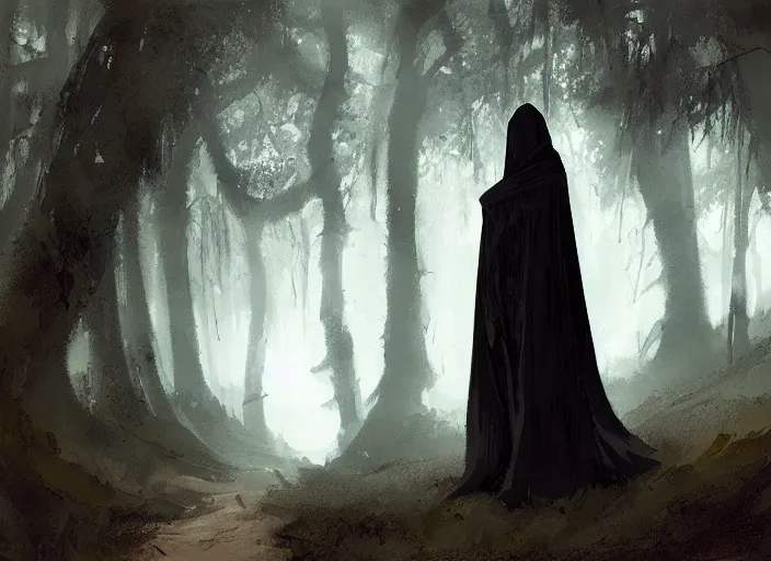 Image similar to A figure with a dark cloak wondering around in a forest, Greg Rutkowski