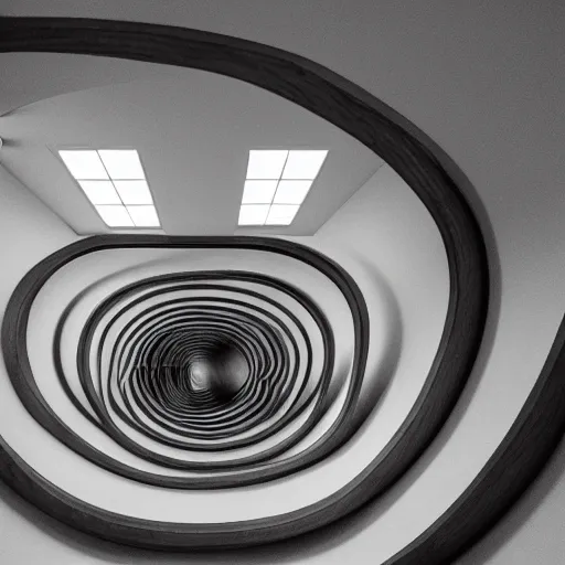 Prompt: model, hallways and stairwells and mirrors, warped dperceptions, similar to relativity by m. c. escher