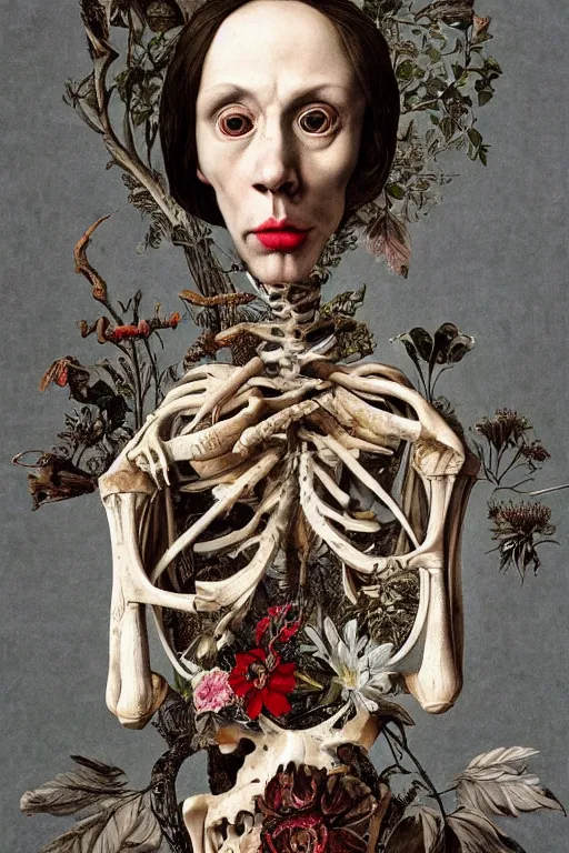 Image similar to Detailed maximalist portrait with large lips and with large white eyes, exasperated expression, extra fleshing limbs, botany bones, HD mixed media, 3D collage, highly detailed and intricate, surreal illustration in the style of Caravaggio, dark art, baroque