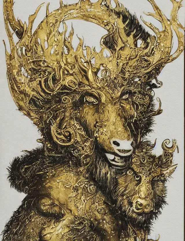 Prompt: animal god of first frost. this ink wash and goldleaf work by the beloved children's book illustrator has interesting color contrasts, plenty of details and impeccable lighting.