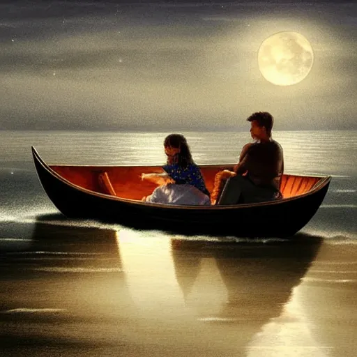 Prompt: man and daughter in a small boat on a rough sea late at night, moonlight reflections across water, hyper realism, high detail, deep aesthetic, rich colors, 4k, highly ornate intricate details, variations,