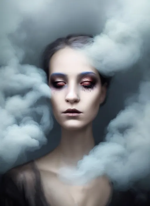 Prompt: an ethereal, smoky portrait of a woman whose face is covered with glowing makeup. the makeup floats off her face and joins swirling clouds of smoke and fog. surreal portrait, concept art, cinematic lighting, 8 k, sharp focus, digital painting, rendered in octane, painted by tom bagshaw, artgerm