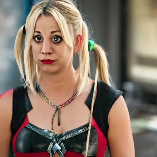 Image similar to A still of Kaley Cuoco portraying Harley Quinn