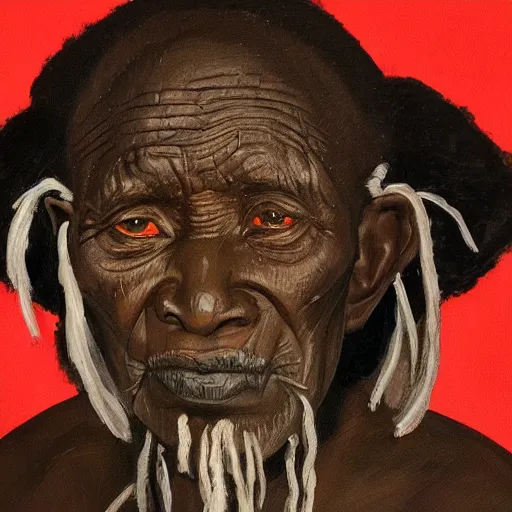 Prompt: a painting of a wise elder from Kenya by Kara Walker. dramatic angle, ethereal lights, details, smooth, sharp focus, illustration, realistic, cinematic, artstation, award winning, rgb , unreal engine, octane render, cinematic light, macro, depth of field, blur, red light and clouds from the back, highly detailed epic cinematic concept art CG render made in Maya, Blender and Photoshop, octane render, excellent composition, dynamic dramatic cinematic lighting, aesthetic, very inspirational, arthouse.