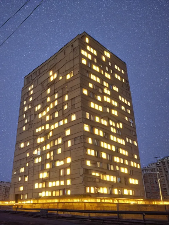 Image similar to soviet residential building in a residential area of russia, lights are on in the windows, night, starry sky, post - soviet courtyard, cozy atmosphere, light fog, street lamps with orange light, several birches nearby, several elderly people stand at the entrance to the building