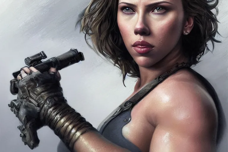 Image similar to detailed portrait of scarlett johansson as a thick female bodybuilder lara croft, attractive, beautiful, fantasy, intricate, elegant, highly detailed, digital painting, artstation, concept art, matte, sharp focus, illustration, art by aenaluck, artgerm and roberto ferri and greg rutkowski, epic fantasy, digital painting