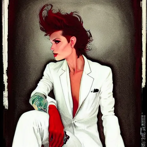 Prompt: stunning portrait of androgynous ruby rose as desire from sandman in a white tuxedo!!!, rockabilly style, by jeremy mann, by alphonse mucha, by peter lindbergh, dave mckean, by frank moth, white suit and black tie, soft lightning, high detailed, 8 k