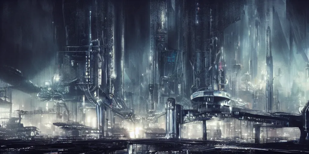 Prompt: futuristic science-fiction landscape of the world of machines, huge mechanical towers buildings and bridges, under a dark cloudy sky, in the style of Blade Runner