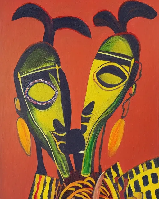 Image similar to Burkina Faso masquerade, painting by Toni Toscani, oil on canvas