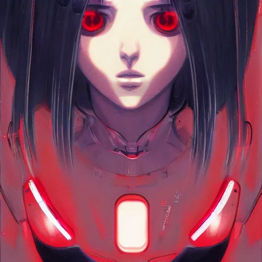 Image similar to A cyborg girl with big and cute red eyes, fine-face, realistic shaded perfect face, fine details. red and black robotic parts. Very very anime. Realistic shaded lighting poster by Ilya Kuvshinov katsuhiro otomo ghost-in-the-shell, magali villeneuve, artgerm, Jeremy Lipkin and Michael Garmash, Rob Rey and Kentarõ Miura style, trending on art station