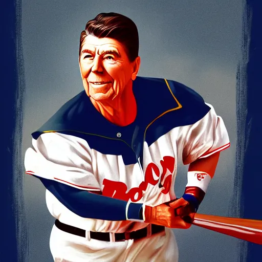 Image similar to ronald reagan hitting a home run, game - winning, world series, dramatic, award - winning, artstation, 8 k,